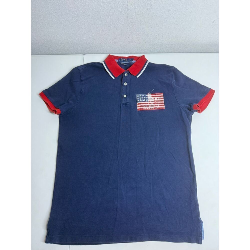 Men's Polo Ralph Lauren Short Sleeve Polo Shirt American Flag Red Blue Size M